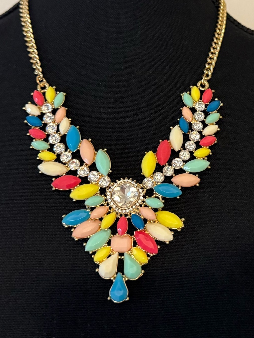 Susan Graver Multicolor Bead & Rhinestone Statement Necklace Gold Tone
